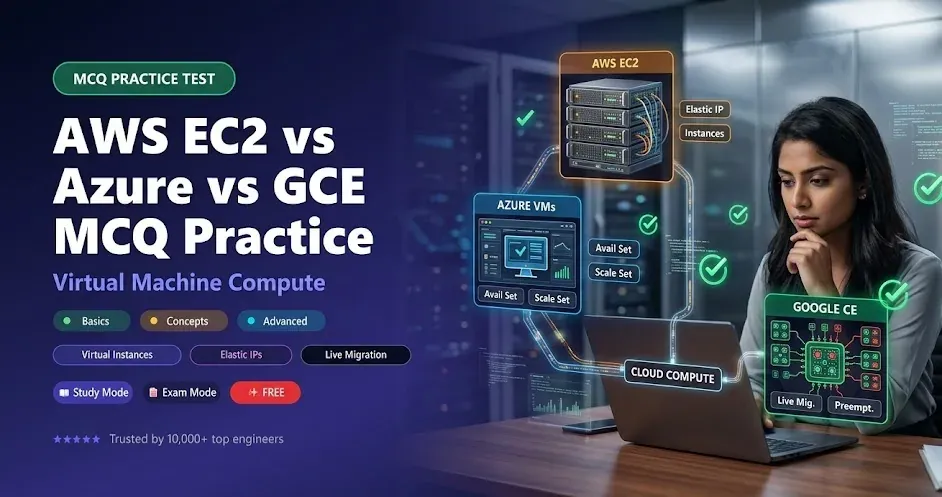 EC2 vs Azure VMs vs Google Compute Engine MCQs — Cloud compute instance comparison practice questions banner