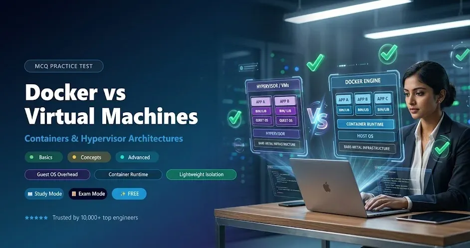 Docker vs Virtual Machines MCQs — containerization, hypervisors, and orchestration practice questions banner