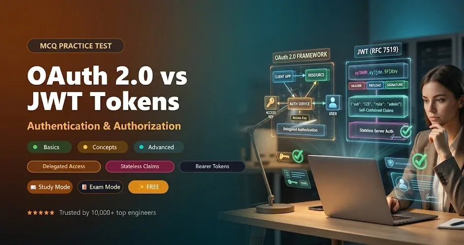 OAuth 2.0 vs JWT MCQs — authorization frameworks and token formats practice questions banner