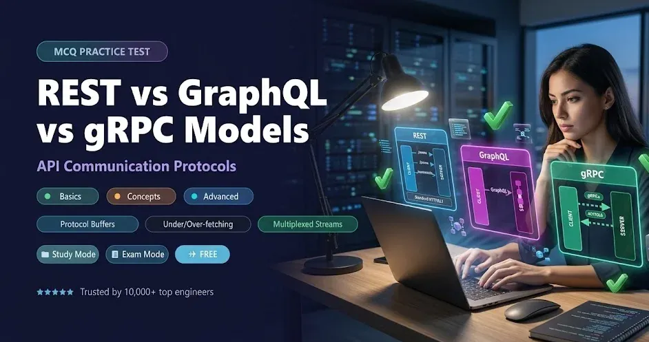 REST vs GraphQL vs gRPC MCQs — API architectures and protocol design practice questions banner