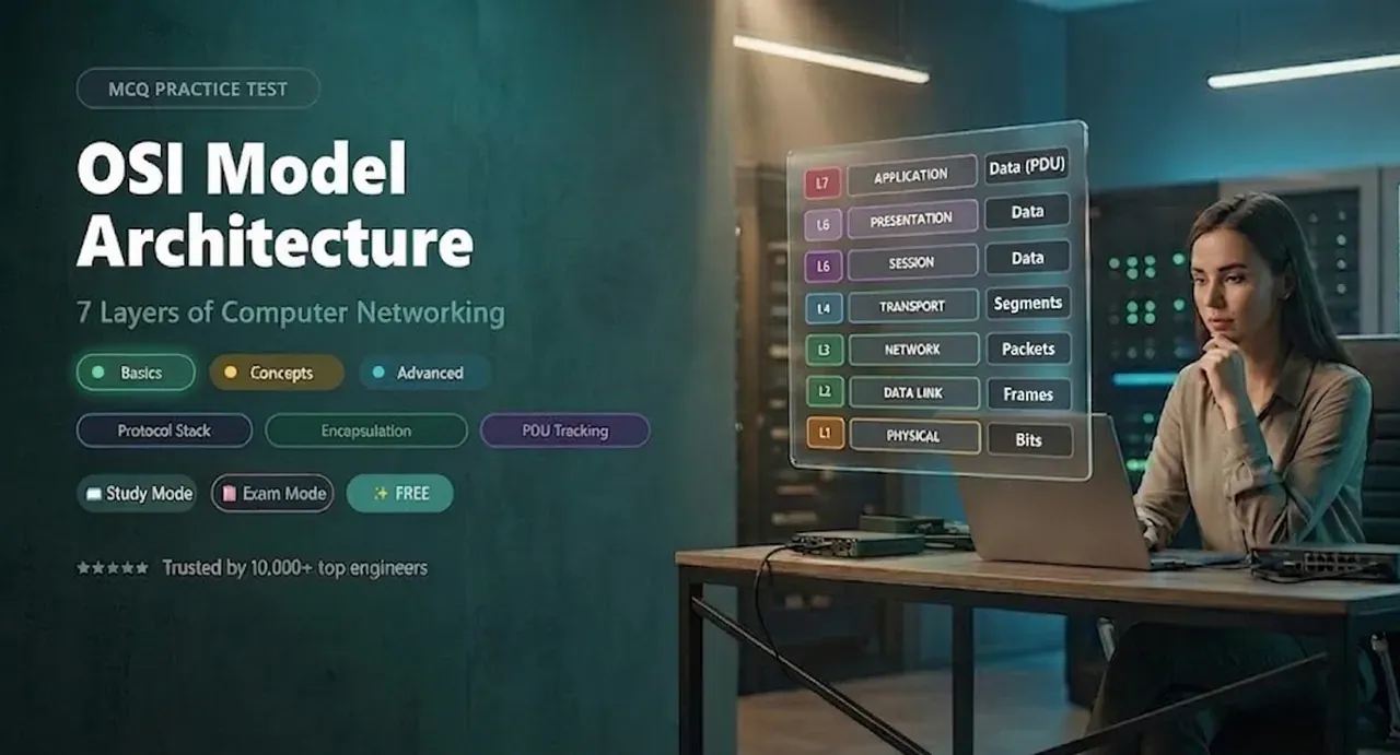OSI Model MCQs β 7 Layers, PDUs, Protocols, and Network Architecture practice questions banner