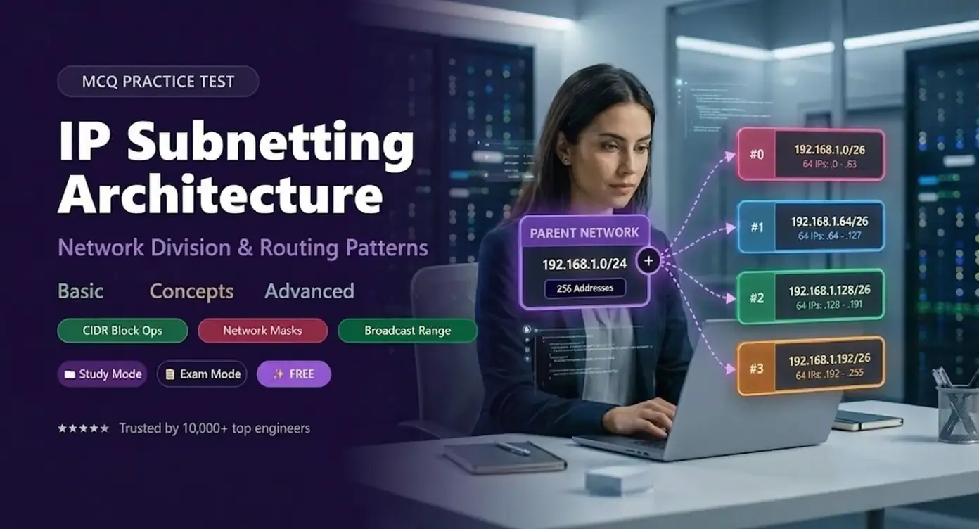 Subnetting MCQs β IP addressing, CIDR notation, subnet masks, host calculations, VLSM, and route summarization practice questions banner