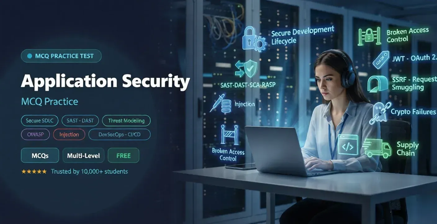 Application Security MCQs — Secure SDLC, SAST, DAST, Threat Modeling practice questions banner