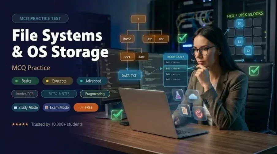 File Systems MCQs β VFS, inodes, journaling, CoW ZFS practice questions banner