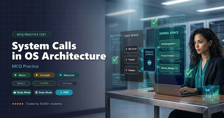 System Calls MCQs — syscall lifecycle, fork, exec, vDSO, seccomp practice questions banner